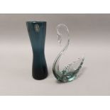 A Whitefriars blue tinted glass vase, of waisted form, 20.5cm, together with a Whitefriars study