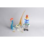 Five c1970s Murano glass items, including a large clown, two small clowns, a rooster and an exotic