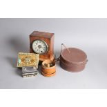 A late 19th century walnut mantle clock, two boxes, a treen box with buttons and a collars box,