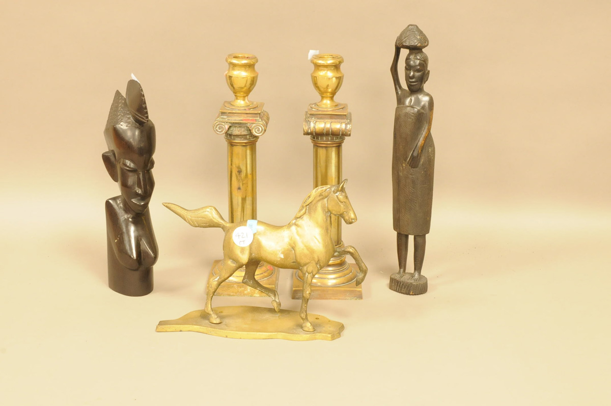 A pair of modern Indian brass column candlesticks, 31cm high, together with a brass pracning horse