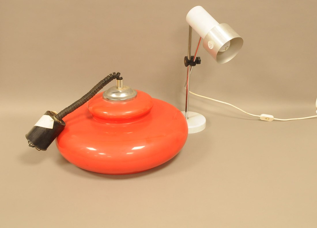 A c1960s red plastic hanging lamp shade, 45cm diameter, together with a damaged vintage desk lamp (