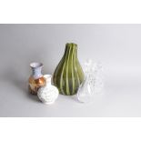 A modern studio glass green vase, together with a studio pottery vase, a porcelain vase and two