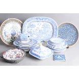 A collection of Victorian and later blue and white willow pattern pottery, meat platter 48.5cm