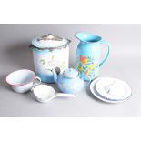 Nine vintage enamelled tin items, including a covered bucket, large jug, 32cm, three plates, a