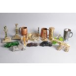 A group of collectables, including pair of candlesticks, two copper tankards, four glass Avon