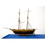 Wood construction Twin masted British Warship, fully rigged, no sails, three canons on side decks
