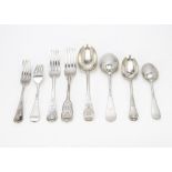 A harlequin part canteen of Victorian & Edwardian silver cutlery, fiddle and shell pattern, by