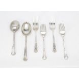 A set of four 1970s silver forks and pair of dessert spoons by RP, with stylised shell terminals,