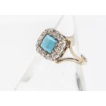 A 14ct gold turquoise and diamond cluster ring, the cushion set claw set turquoise surrounded by old