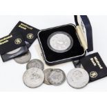 A Royal Mint 1990s Coronation 40th Anniversary Silver Proof Crown in box, together with five crowns,