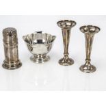 A pair of George V silver trumpet vases, together with a silver sugar sifter and a silver sugar