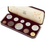 A Royal Mint Elizabeth II ten specimen coin set, dated 1953, in fitted box marked Crowned 2nd June