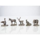 Five modern silver filled figures of animals, including an elephant, duck, pheasant, horse and a