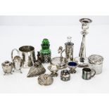 A collection of silver and silver plated collectables, including two silver mounted glass bottles, a