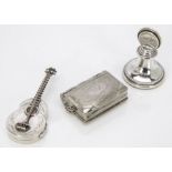 A modern white metal novelty guitar shaped pill box, together with a modern silver filled name or
