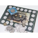 A collection of British and World coins and medallions, including a Shell Classic Car set in card,