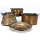 Five antique and vintage Middle Eastern copper items, including a pot with handle, two pots, a