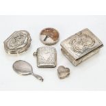 Six items of collectable silver and white metal, including a circular silver box with enamel tree to