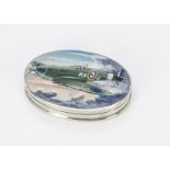 A modern silver and enamelled oval box, the hinged lid painted with Spitfire in flight, import