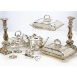 Two Edwardian period silver plated rectangular entrée dishes and other plated items, including a