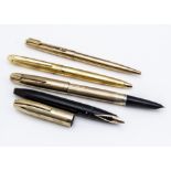 Four pens, including a rolled gold Parker fountain pen and biro, a Sheaffer fountain pen, nib