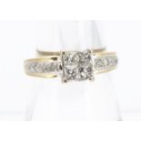 A princess cut cluster diamond ring, in 18ct gold, white and yellow gold setting, the four