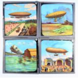 3¼in sq Magic Lantern Slides, German chromolitho ballooning, dirigible and Zeppelin set, from