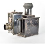 An unusual 19th Century French gold-lined black-painted tinplate Demonstrational Magic Lantern, with