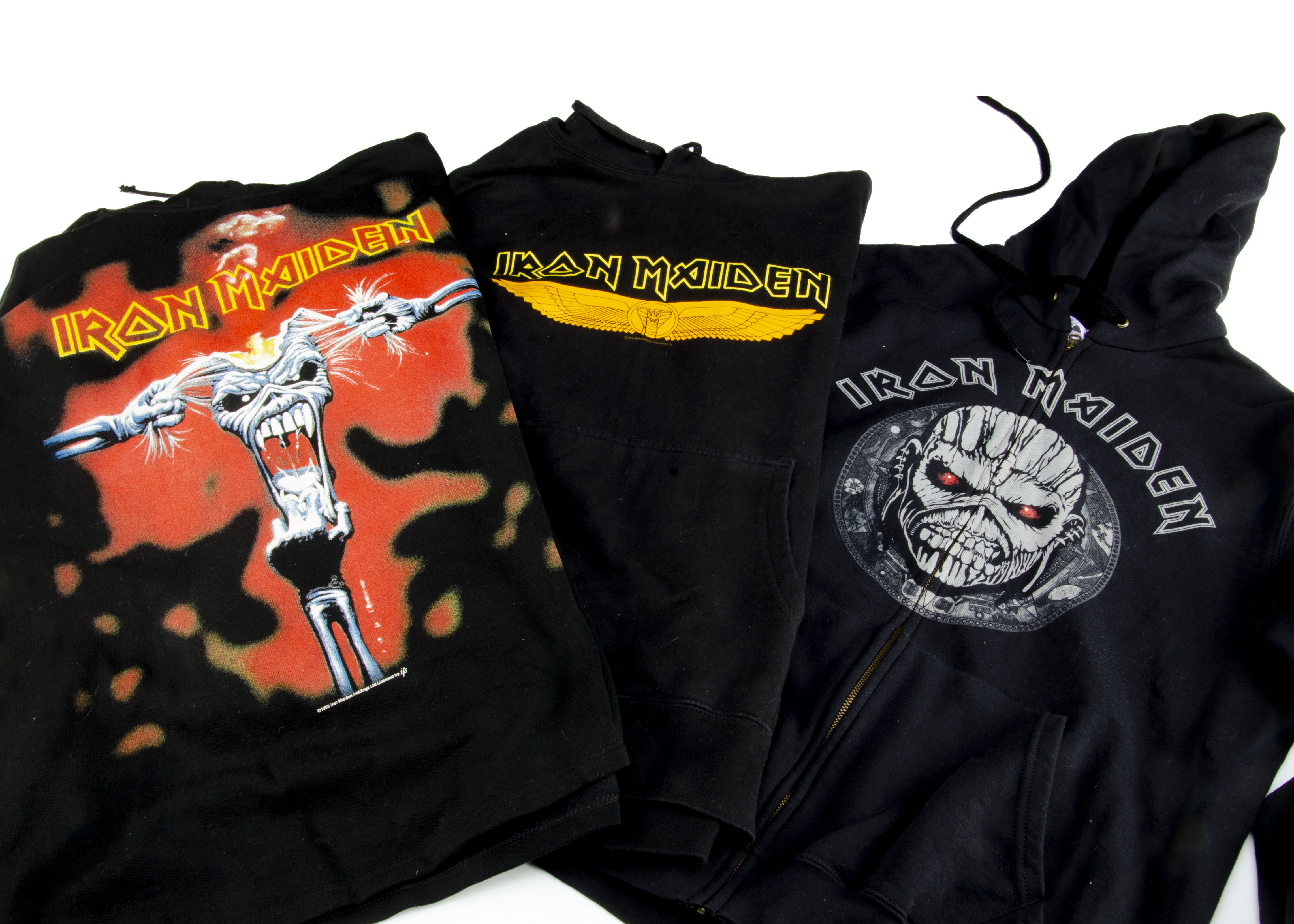 Iron Maiden Hoodies, three black Iron Maiden hoodies, two pullover style, one Iron Maiden front