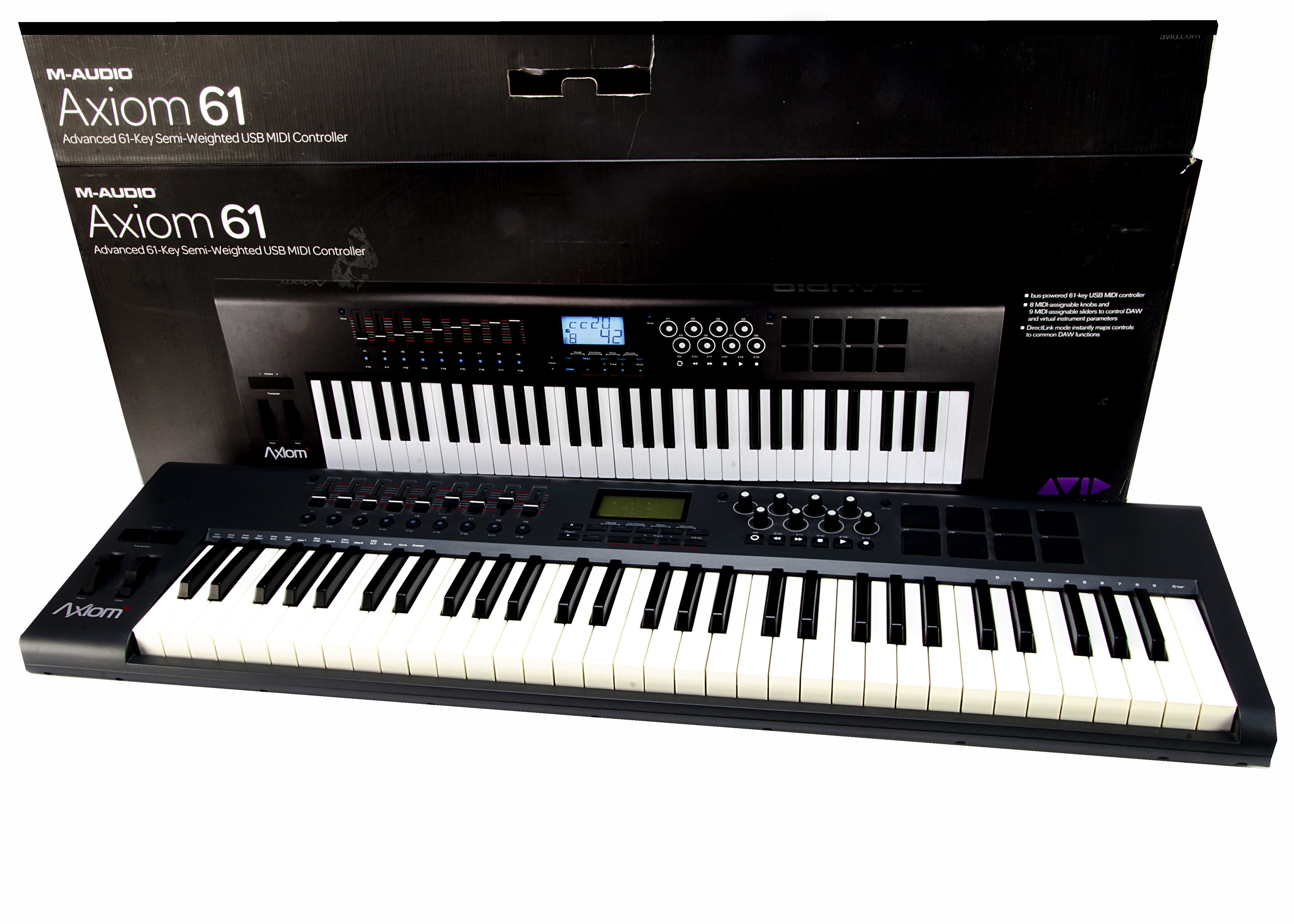 Axiom Keyboard, an Axiom 61 Keyboard M-audio USB semi-weighted midi-controller in original box, no