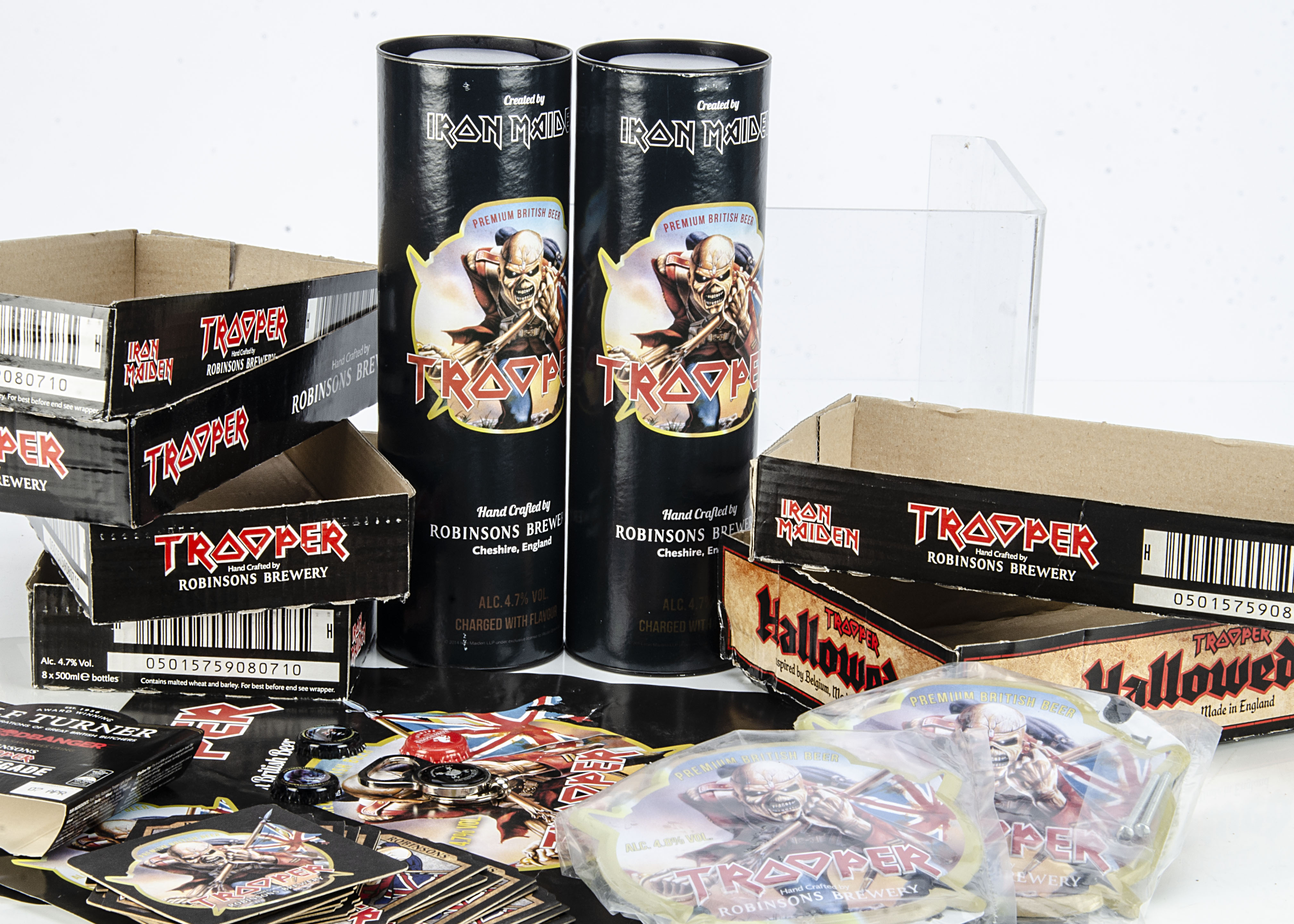 Iron Maiden Trooper Beer, collection of Trooper Beer items comprising two Presentation cases (one