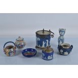 A mixed lot of English ceramics, including a Moorcroft dish, a silver mounted Adams jasperware