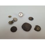 A small collection of hammered coins, together with an 18th century white metal cufflink and a