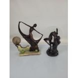 An Art Deco bronzed lamp of a dancer, set on onyx base, 39cm tall. Together with a similar modern