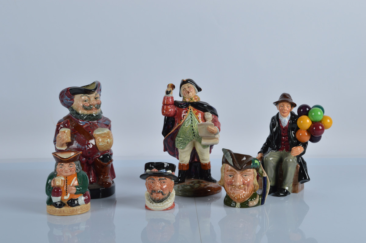 A group of six Royal Doulton figures and character jugs, comprising HN1954 The Balloon Man, HN2119