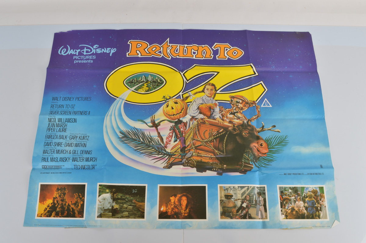 A collection of Walt Disney film posters, including UK Quads Including Quad Return To Oz, Swiss