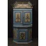 A Swedish pine painted kitchen cabinet, with panelled double door, having floral spray decoration to