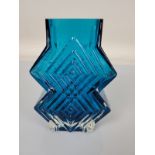 A Whitefriars blue double diamond shape vase, designed by Geoffrey Baxter pattern 9759. 16cm tall.