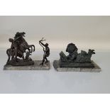 A bronzed Marley Horse group, set on marble base, 20cm tall. Together with a verdigris effect figure