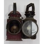 Two vintage Railway Handlamps, one stamped 'BR' to body, in original black and essentially