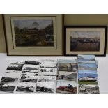 Two Framed Railway Prints with Monochrome Photographs and a Plethora of Postcards, the prints