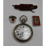 A Vintage LMS 'Record' 15-Jewel Pocket Watch and 3 later badges, the watch of 2¼" diameter with