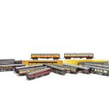 Graham Farish and Lima N Gauge unboxed Coaches, GF, maroon Suburbans (4), BR Stanier maroon (2),