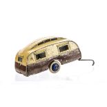 A Pre-War Dinky Toys 30g Caravan, brown lower body, tan upper, dark blue smooth hubs, wire tow