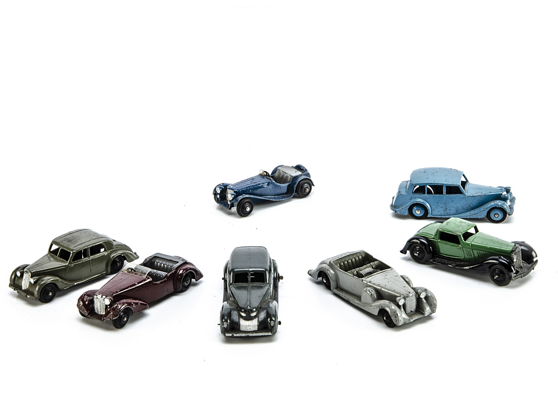 Post-War Dinky Toy Cars, 39e Chrysler, grey body, 38f Jaguar SS100, 40a Riley Saloon, 40b Triumph