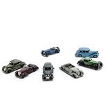 Post-War Dinky Toy Cars, 39e Chrysler, grey body, 38f Jaguar SS100, 40a Riley Saloon, 40b Triumph