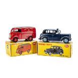 Dinky Toys 260 Morris J Royal Mail Van, red body and hubs, black roof, gold crest, 254 Austin