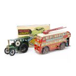 A Wells Brimtoy Tinplate Clockwork Trolleybus, red body, cream roof, 'COL 204' reg, fixed key