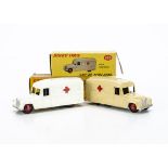 Dinky Toys 253 Daimler Ambulances, two examples, first cream body, red ridged hubs, no glazing,