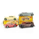 Dinky Toy Cars, 158 Riley Saloon, cream body, mid-green hubs, 103 Austin-Healey 100, red body,